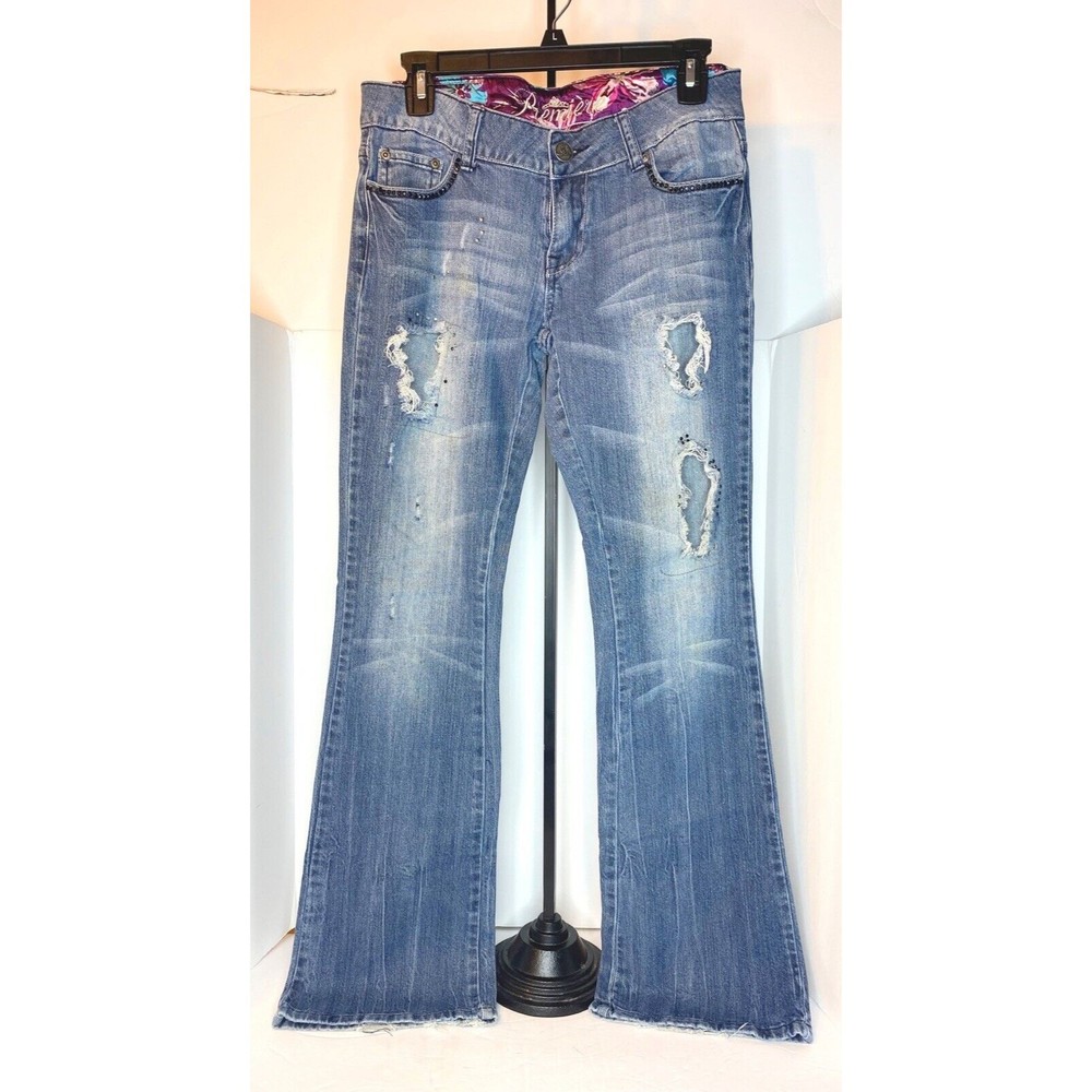 Size 5/6 Premiere Rue 21 Denim Jeans Women's Distressed Rips Studded Rhinestones